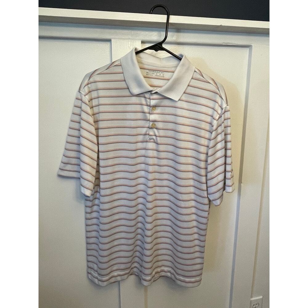 Nike Golf FITDRY White Polo Colored Stripes Breathable Golf Tennis Outdoor‎ Med.